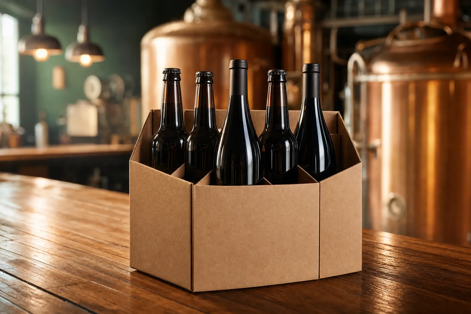 A sturdy kraft cardboard carrier box holding six bottles on a wooden counter in a brewery taproom