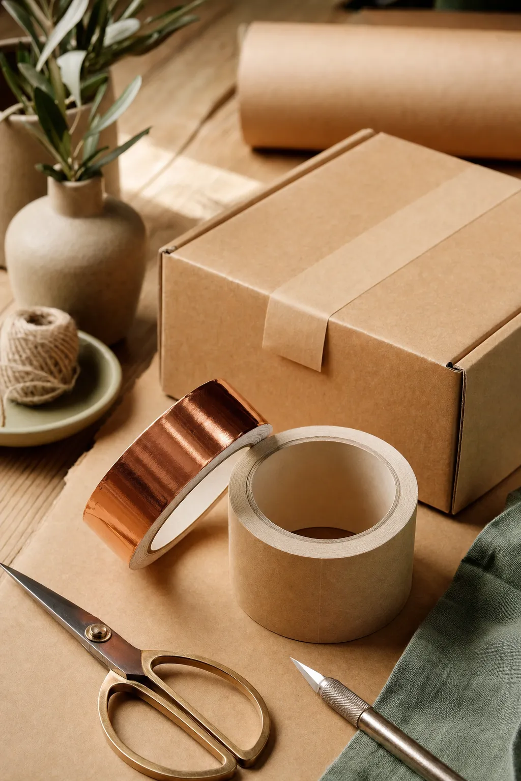 A roll of copper foil tape and a roll of natural kraft paper tape beside a sealed kraft box