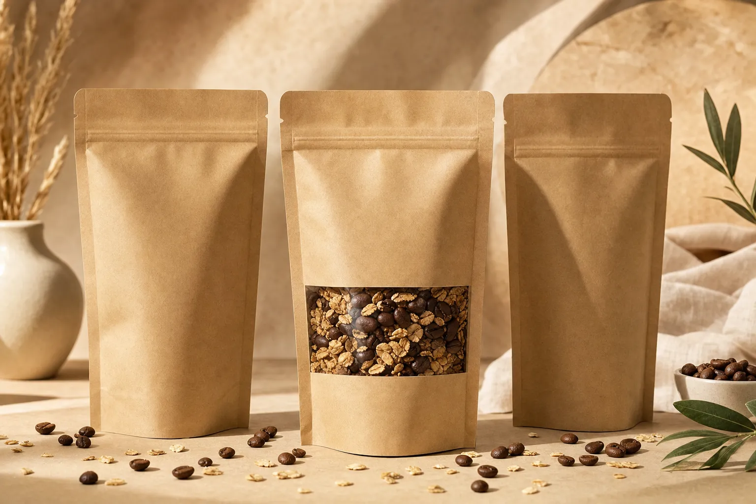 Three kraft stand-up food pouches, the centre one with a clear window showing coffee beans and granola