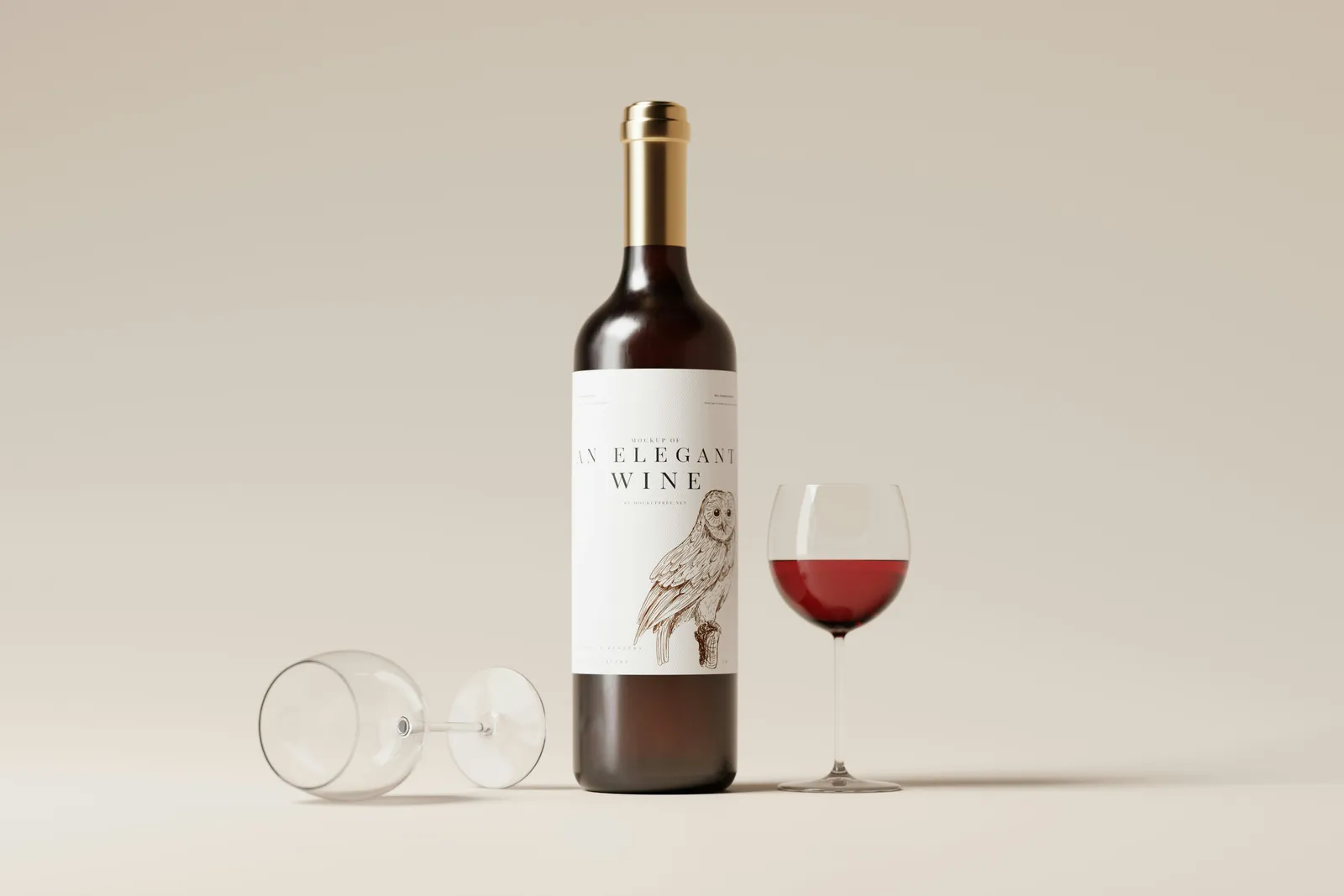 An elegant red wine bottle with a gold capsule beside two glasses