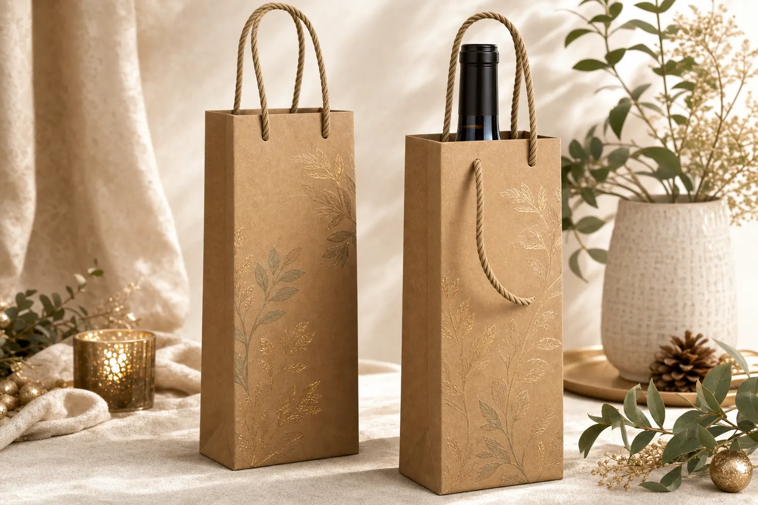Two premium printed kraft wine gift bags with rope handles, one holding a wine bottle
